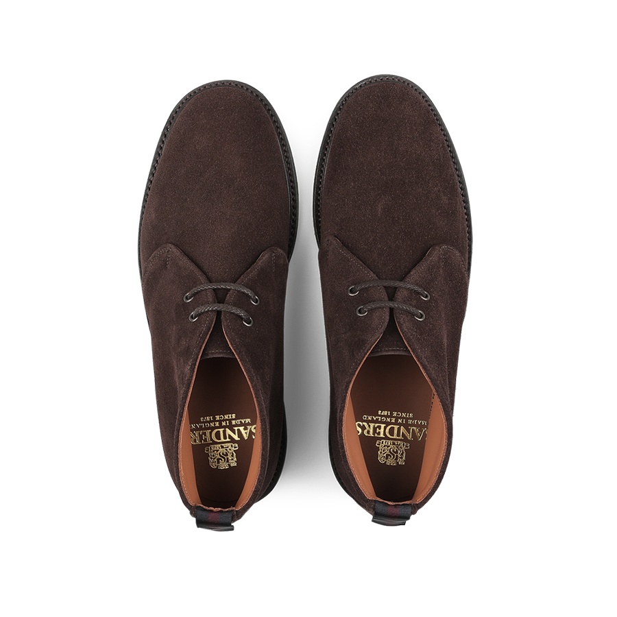 Top view of a pair of Sanders Mocha Reverse Suede Harry Chukka Boots featuring a visible brand logo on the insole, expertly crafted with Goodyear welted construction for lasting durability.