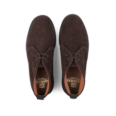 Top view of a pair of Sanders Mocha Reverse Suede Harry Chukka Boots featuring a visible brand logo on the insole, expertly crafted with Goodyear welted construction for lasting durability.