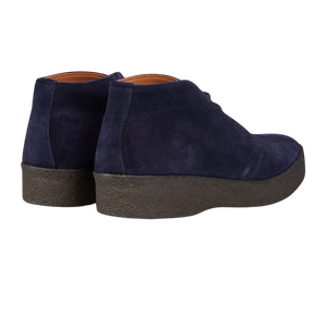 A pair of Navy Blue Suede Hi Top Boots by Sanders with rubber soles.