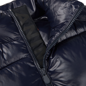 A close up of a Dark Blue Nylon Ailantus Padded Gilet navy puffer jacket by Save The Duck.
