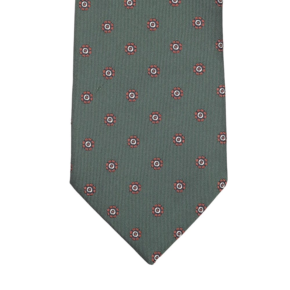 A Bottle Green Printed Medallion Silk Tie by Seaward & Stearn, featuring handmade craftsmanship with red and white circular medallion designs.