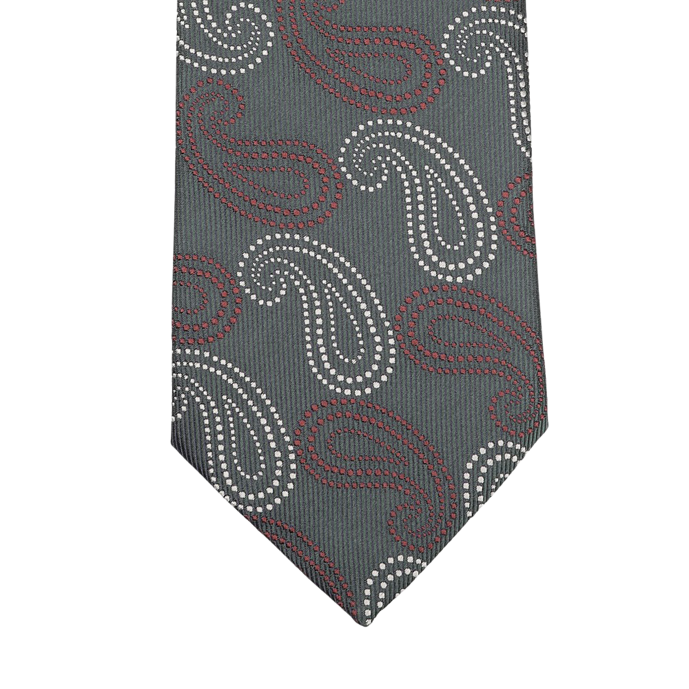 A Seaward & Stearn dark green tie featuring a large paisley pattern is elegantly displayed against a plain background, showcasing its craftsmanship from handmade silk.