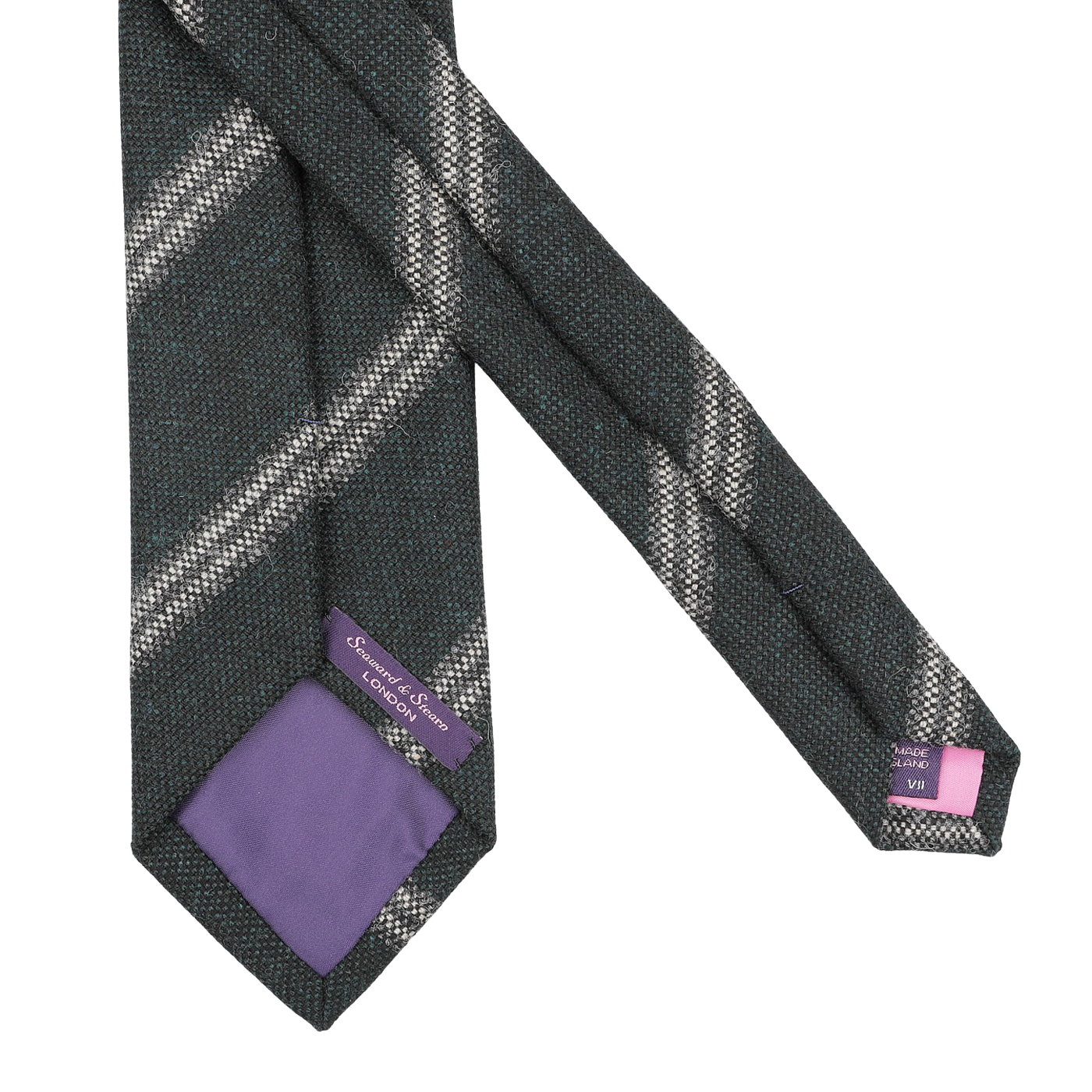 Seaward & Stearn presents the Dark Green Striped Wool Tie, crafted from pure wool and adorned with a diagonal plaid pattern and purple lining, complete with two tags.