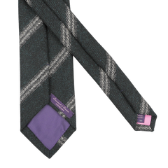 Seaward & Stearn presents the Dark Green Striped Wool Tie, crafted from pure wool and adorned with a diagonal plaid pattern and purple lining, complete with two tags.