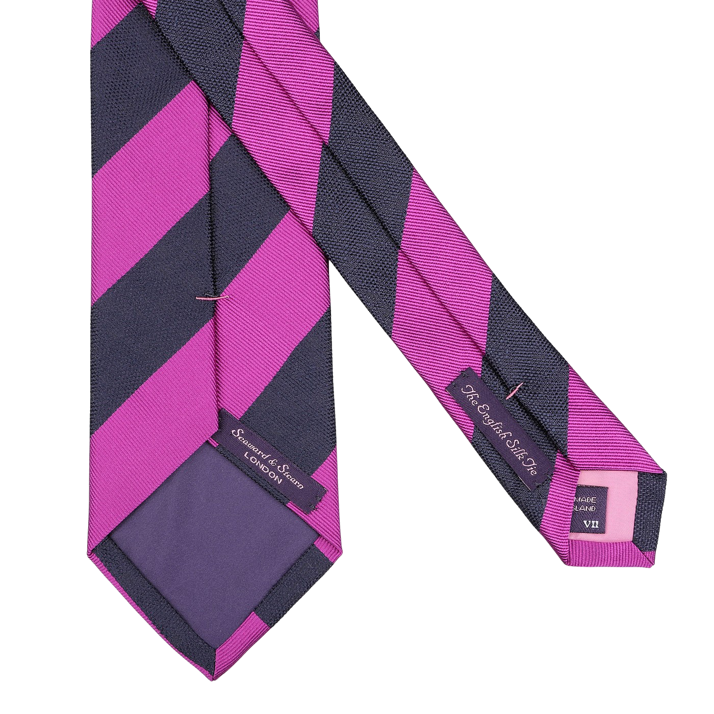 The Seaward & Stearn Fuschia Blue Striped Silk Tie, handmade in England, features diagonal purple and pink stripes with a label and care tag on the reverse side.