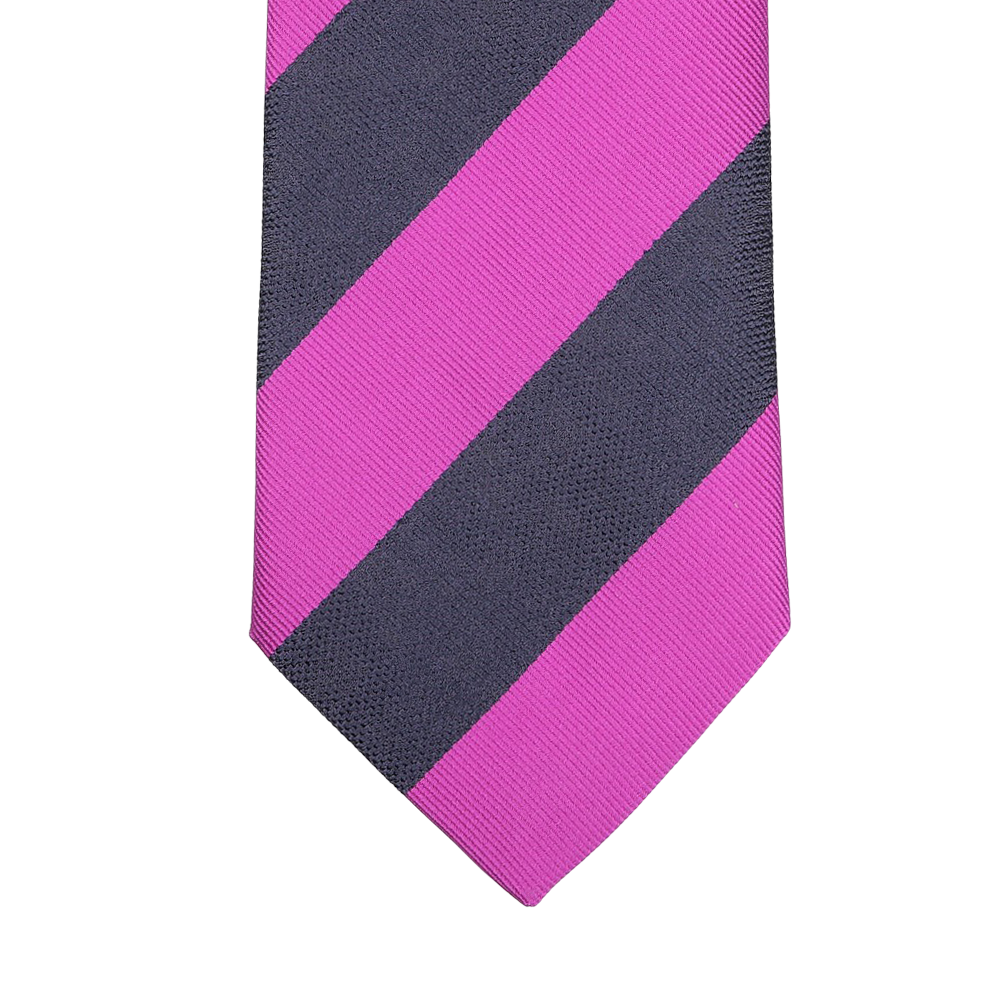 Close-up of the Fuschia Blue Striped Silk Tie by Seaward & Stearn, showcasing wide diagonal stripes in pink and dark gray, handmade in England.