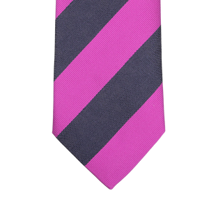 Close-up of the Fuschia Blue Striped Silk Tie by Seaward & Stearn, showcasing wide diagonal stripes in pink and dark gray, handmade in England.