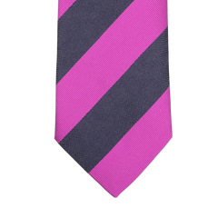 Close-up of the Fuschia Blue Striped Silk Tie by Seaward & Stearn, showcasing wide diagonal stripes in pink and dark gray, handmade in England.