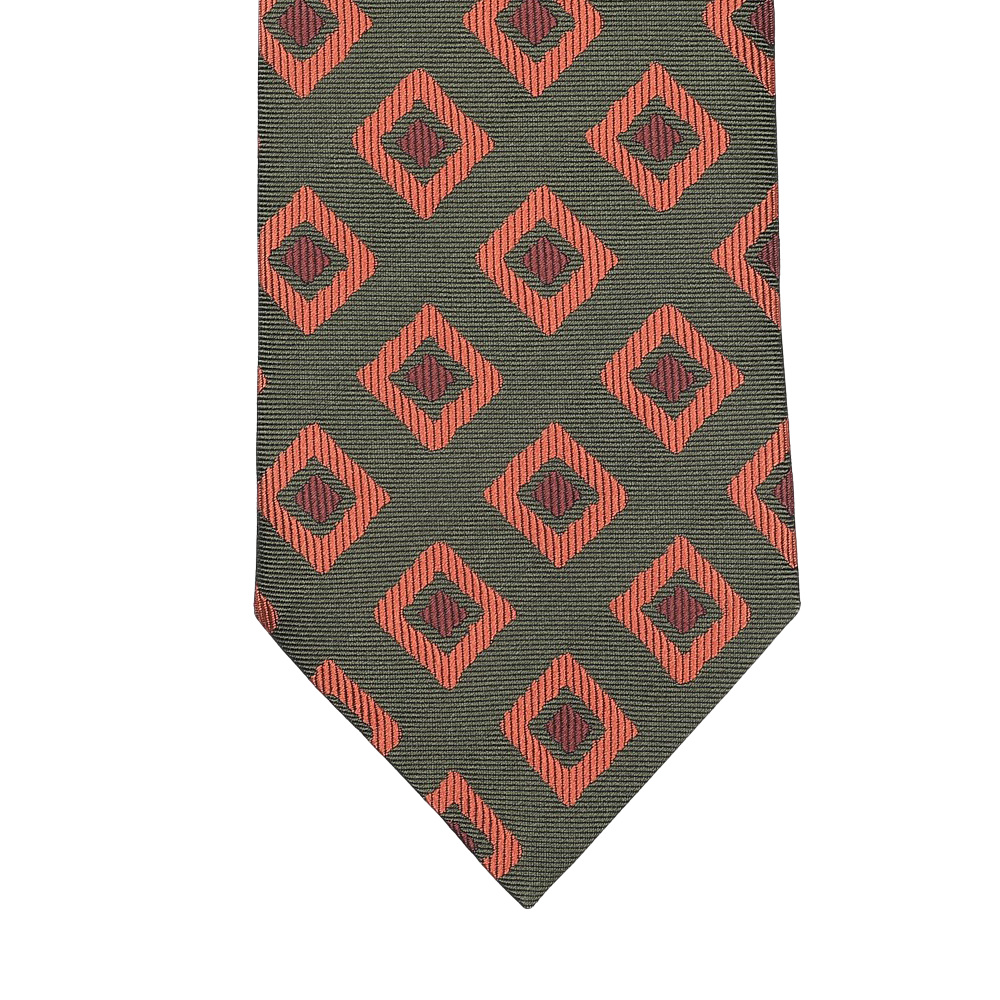 A Seaward & Stearn tie, known as the Green Orange Geometric Silk Tie, features a rich green background decorated with elegantly crafted red diamond shapes and intricate black geometric designs.