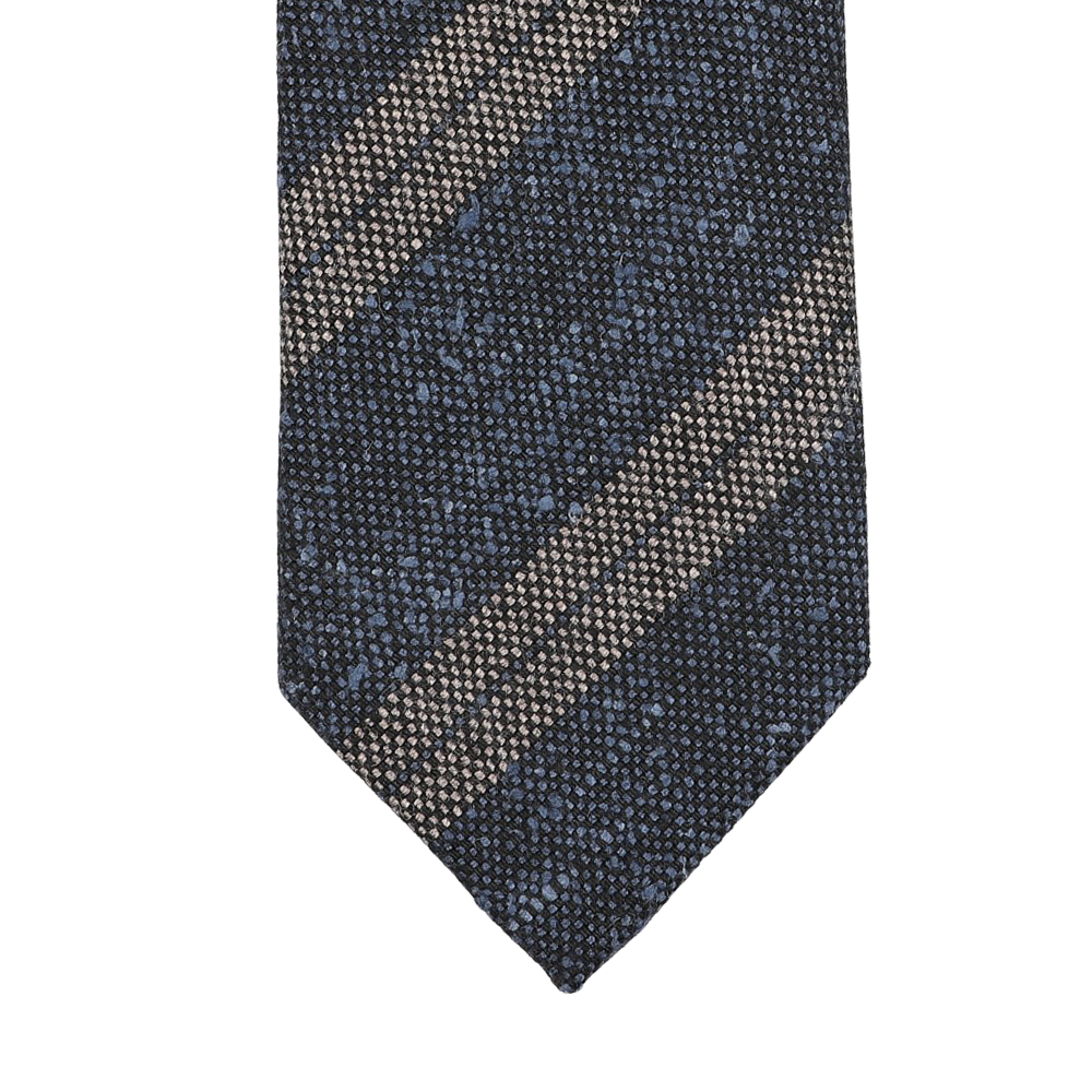 Close-up of a Seaward & Stearn Grey Blue Striped Wool Tie, handmade in England with diagonal beige stripes and a speckled texture, crafted from pure wool.