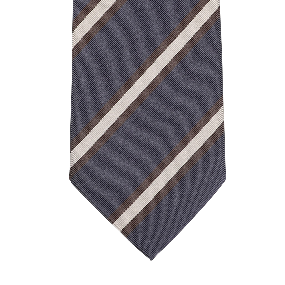 Close-up of the Navy Blue Brown Striped Silk Tie by Seaward & Stearn, handmade in England, featuring diagonal stripes in white and brown.