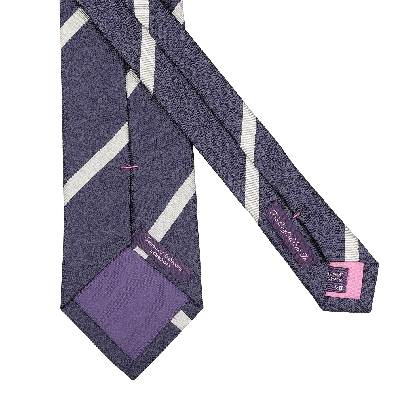 A navy blue silk tie with cream diagonal stripes, subtly showing pink labels inside, expertly handmade in England by Seaward & Stearn.