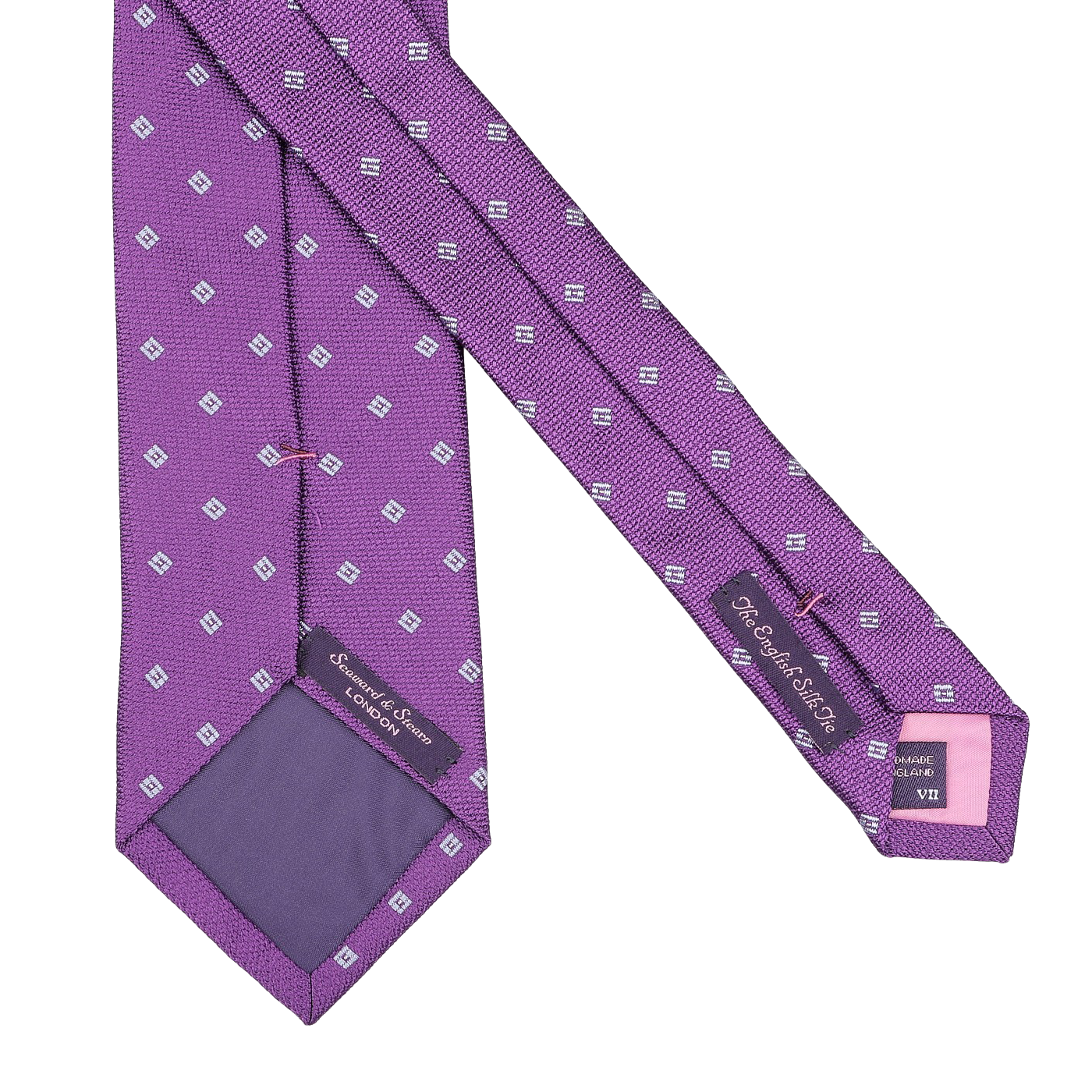 Introducing the Purple Diamond Woven Silk Tie by Seaward & Stearn, a standout from "The Chelsea Silk" collection. This elegant accessory showcases a striking geometric diamond pattern and is meticulously handcrafted in England, featuring a "Made in England VII" label that highlights its superior craftsmanship and pure silk sophistication.