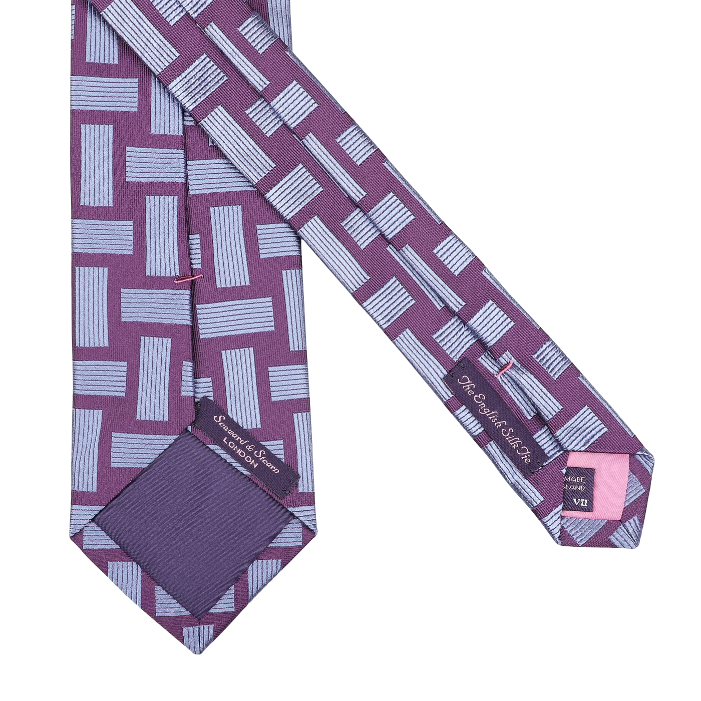 A Purple Geometric Printed Silk Tie, artfully crafted to exude elegance, features the brand "Seaward & Stearn." This exquisite handmade piece from England showcases a delightful blend of purple and light blue hues.