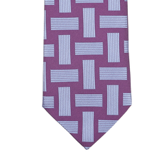 The Purple Geometric Printed Silk Tie by Seaward & Stearn showcases a design of interlocking blue rectangles and stripes and is handmade in England.