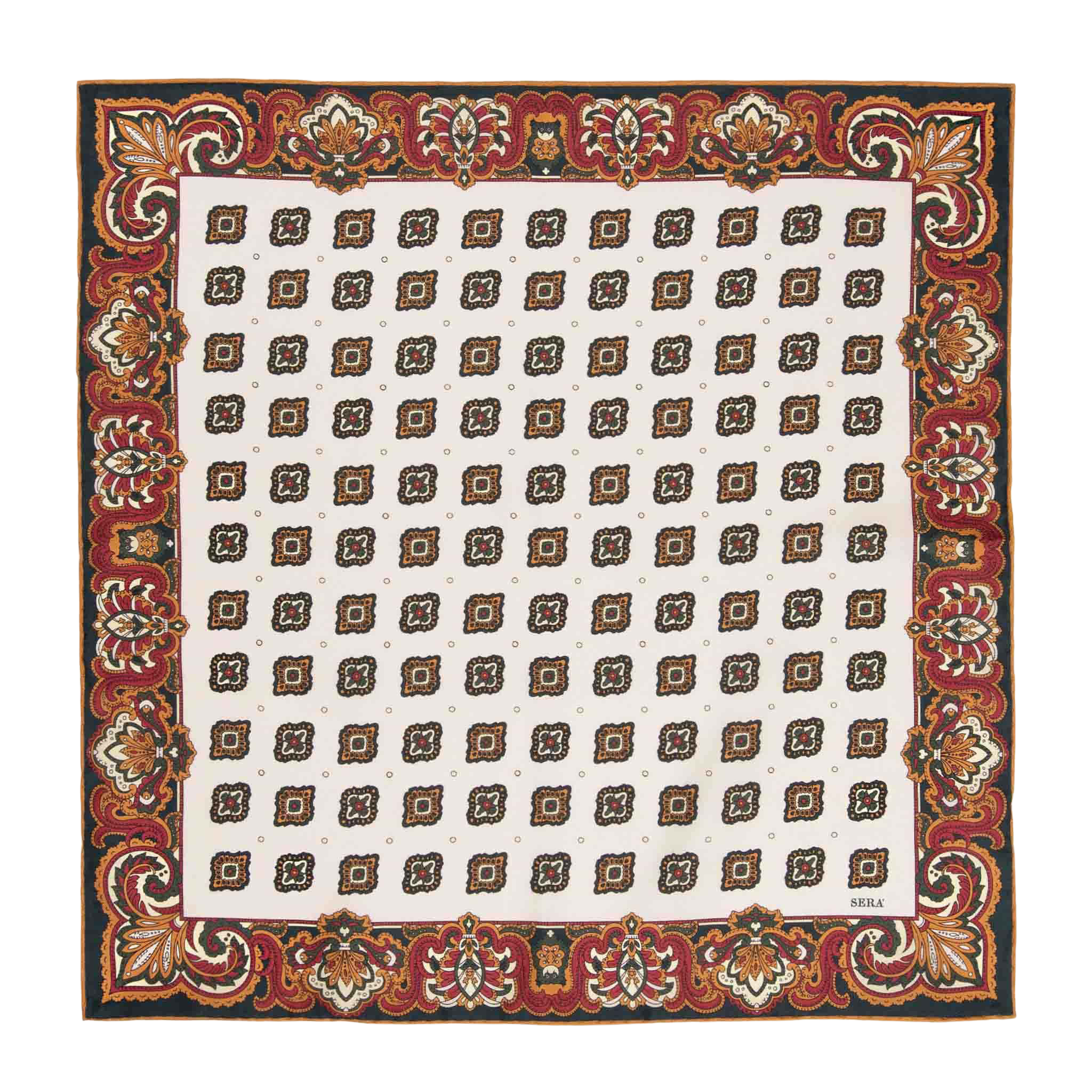 The Bucaneve White Silk Pocket Square from Sera Fine Silk is a square textile with a white background, featuring a pattern of brown and gold geometric shapes, and bordered with an ornate red floral design.