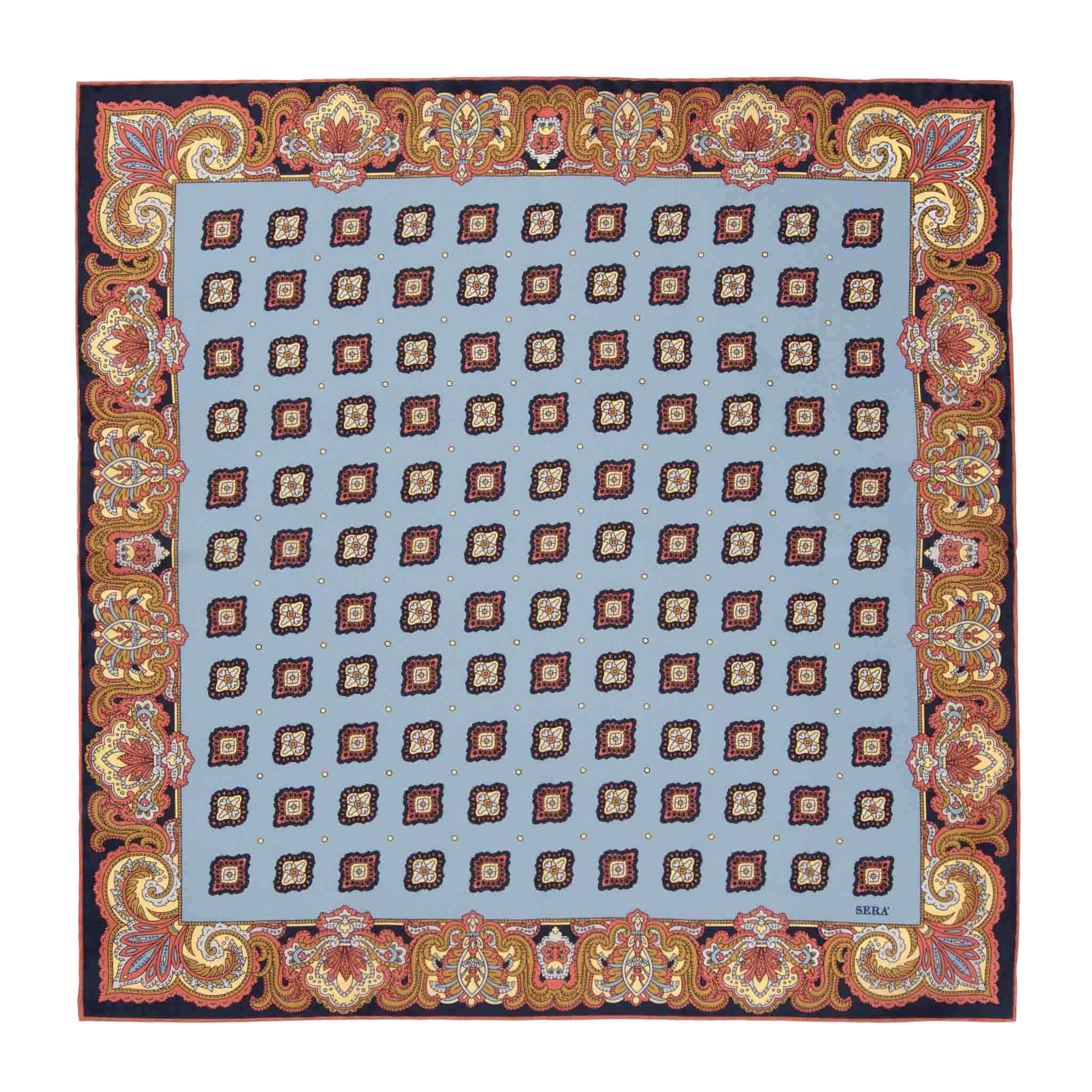 The Cardo Light Blue Silk Pocket Square by Sera Fine Silk features a square design with a light blue central area adorned with a repeating ornate pattern, surrounded by an intricate red and gold floral border and finished with hand-rolled edges.