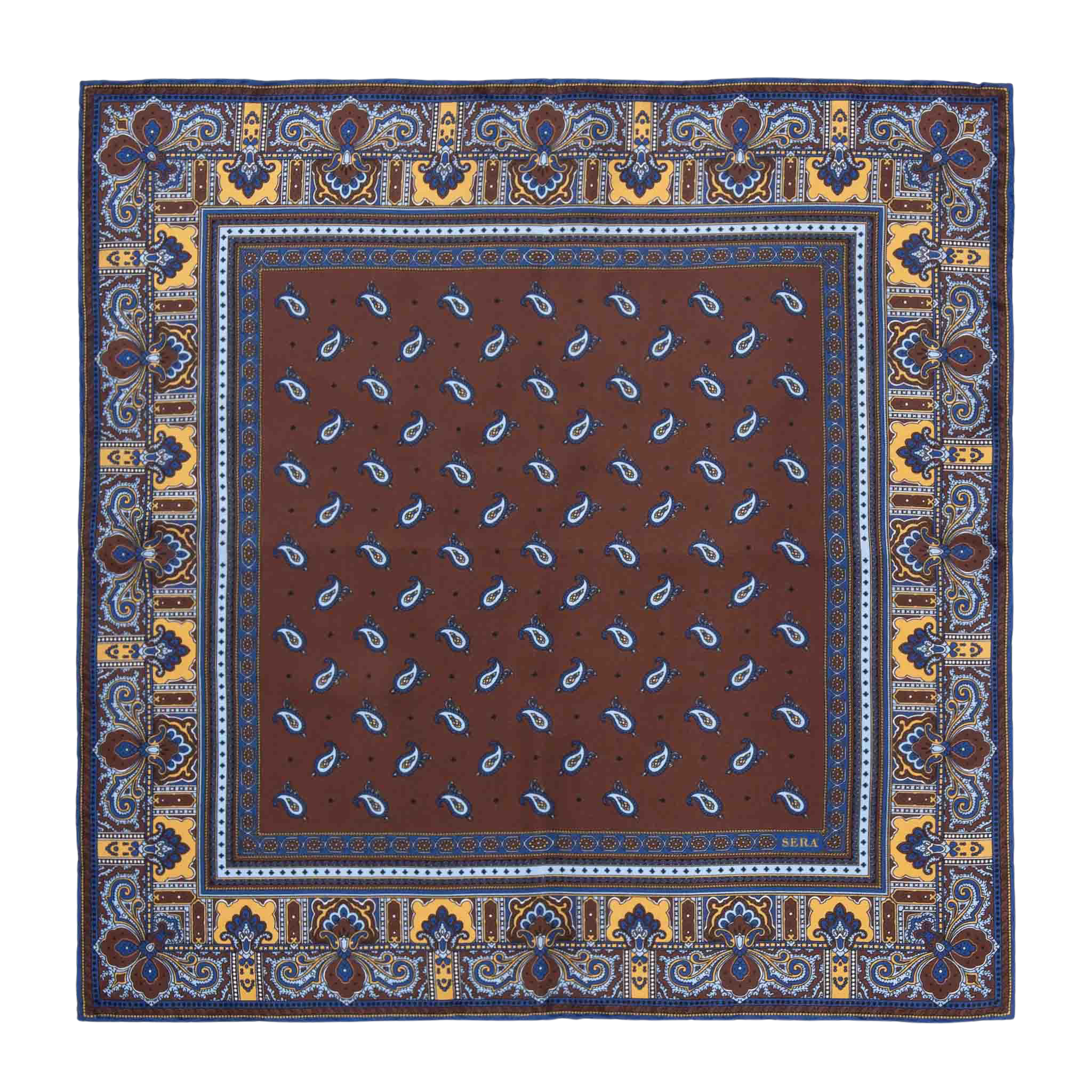 The Chocolate Recioto Silk Pocket Square by Sera Fine Silk is a square, brown paisley-patterned luxury silk pocket square, featuring intricate blue and yellow border detailing, made in Italy.