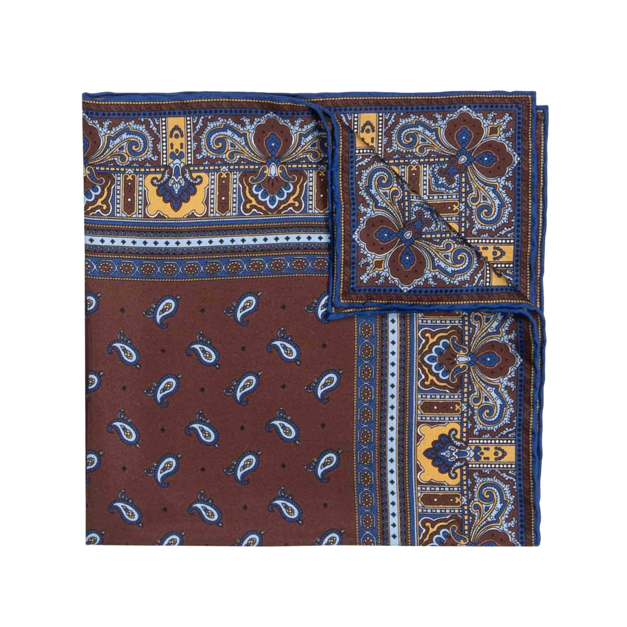 A neatly folded, square-shaped Chocolate Recioto Silk Pocket Square from Sera Fine Silk showcases a vibrant paisley pattern in blue, brown, and yellow tones with one corner visible. This luxury silk pocket square is made in Italy.