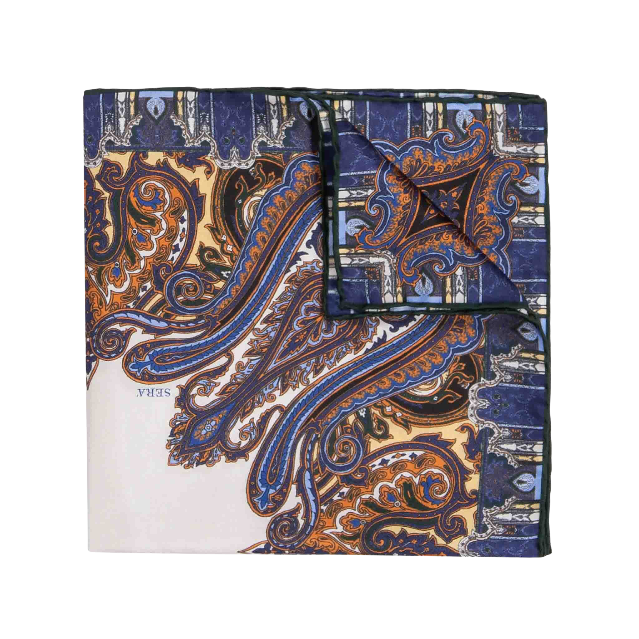 The Cortina Blue Silk Pocket Square by Sera Fine Silk is a folded silk accessory featuring an intricate paisley pattern in blue, orange, and brown colors on a white background. It boasts elegant hand-rolled edges.