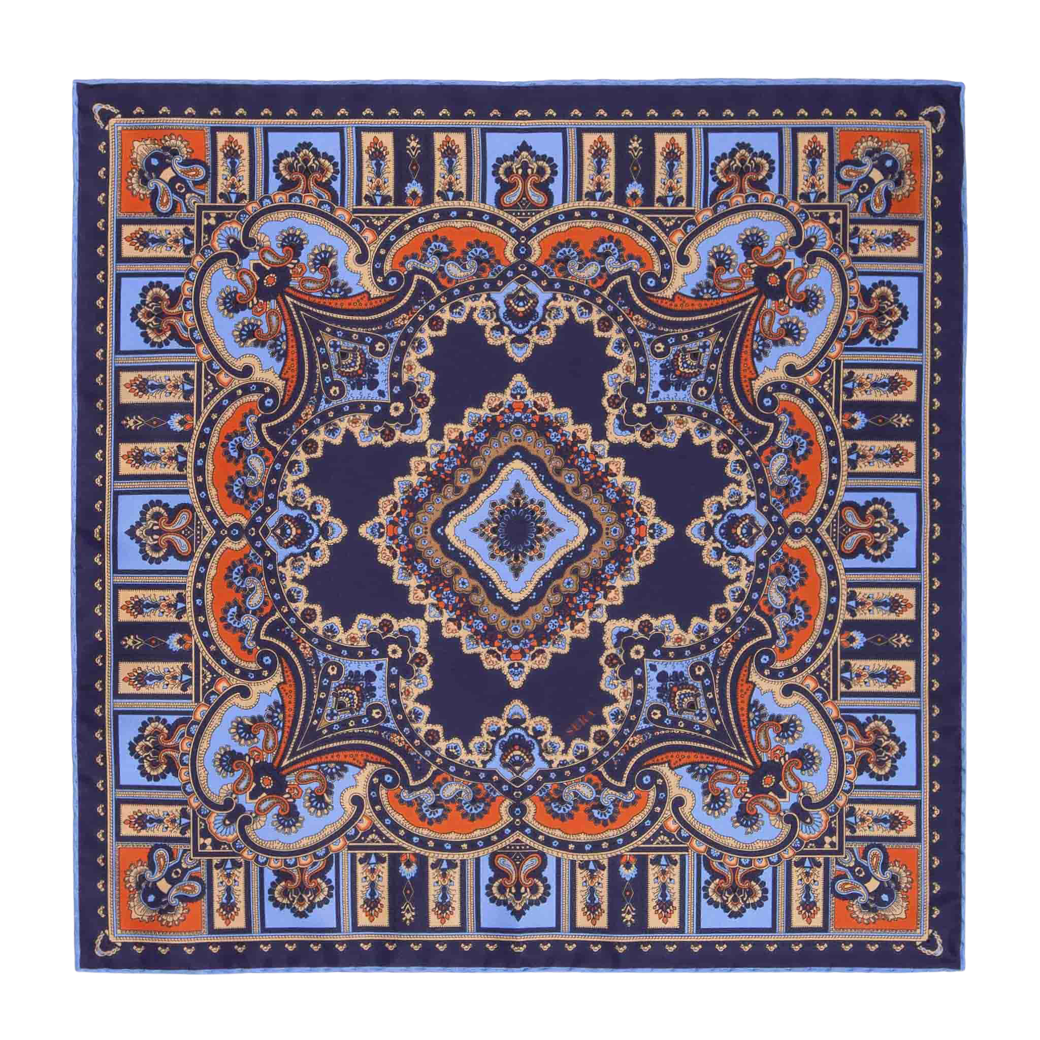 Introducing the Licorice Barolo Silk Pocket Square by Sera Fine Silk, featuring an intricate symmetrical pattern in shades of blue, orange, and beige on a navy background. This exquisite design incorporates both floral and geometric elements, crafted from Pure Como silk with meticulously hand-rolled edges.