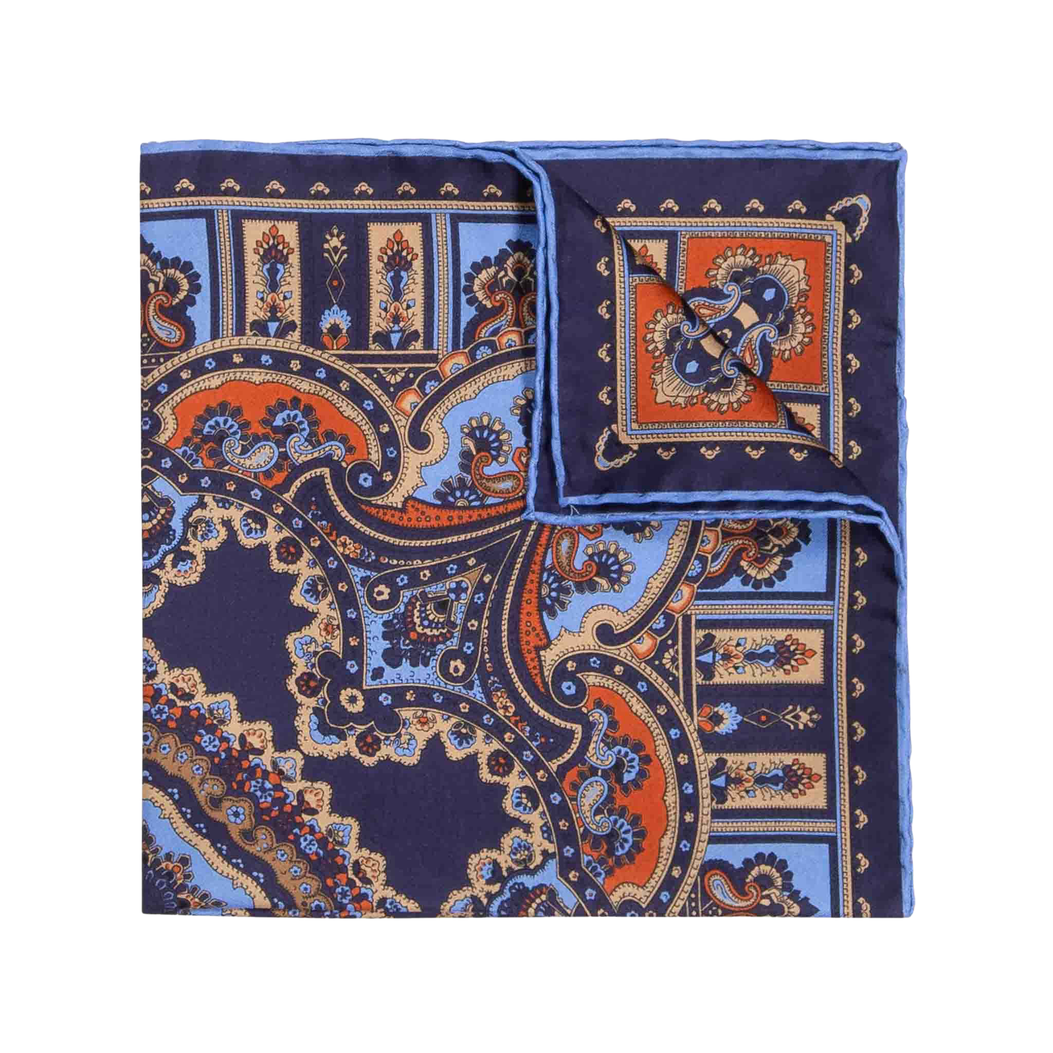 The Licorice Barolo Silk Pocket Square by Sera Fine Silk features an elaborate folded design with a navy blue paisley pattern, accented by orange and light blue hues. Crafted from pure Como silk, it boasts hand-rolled edges.