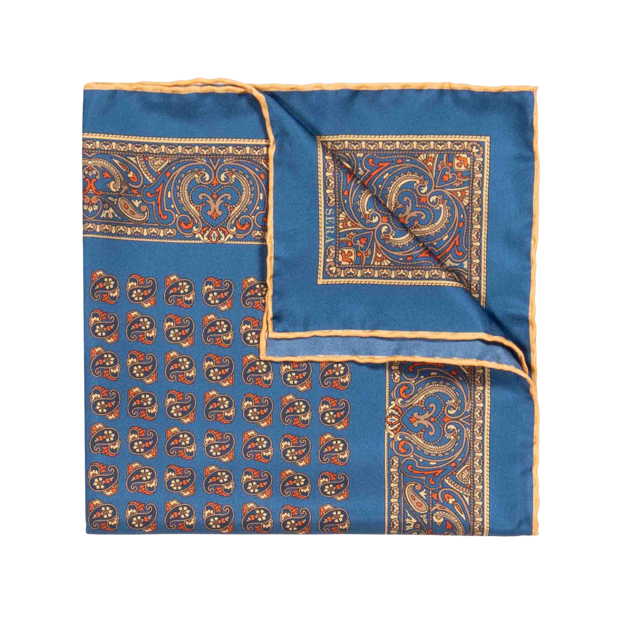 The Nutmeg Montepulciano Silk Pocket Square by Sera Fine Silk is a folded blue handkerchief, crafted from exquisite Como silk, showcasing an intricate orange and gold paisley and geometric pattern against a white background. This seasonal pocket square also features hand-rolled edges for a refined finish.