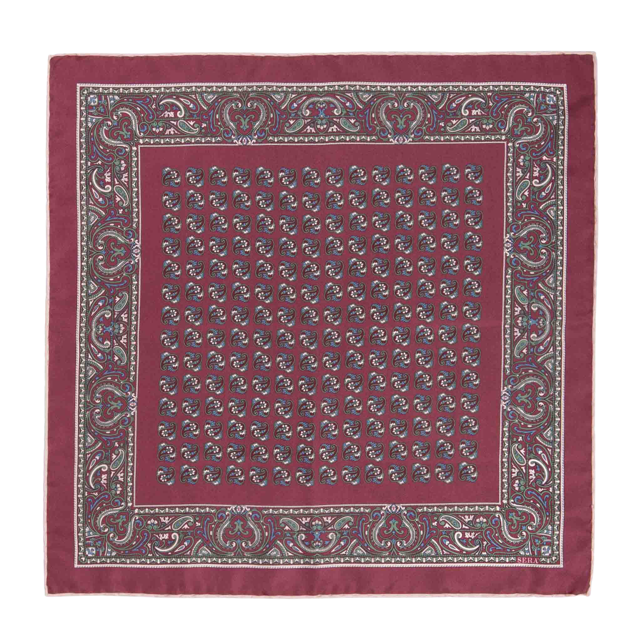 A luxurious pocket square named the Rose Montepulciano by Sera Fine Silk, crafted from exquisite Como silk, featuring an intricate paisley pattern with a detailed border and repeating smaller designs in the center. The edges are meticulously hand-rolled to complete this maroon masterpiece.