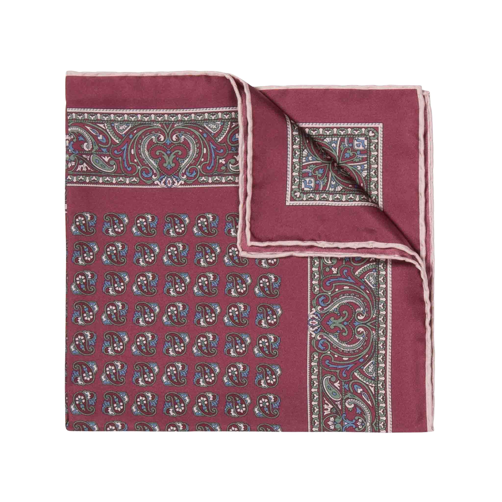 The Rose Montepulciano Silk Pocket Square by Sera Fine Silk is a folded maroon accessory with an intricate paisley pattern in blue, white, and light brown hues, featuring elegant hand-rolled edges.