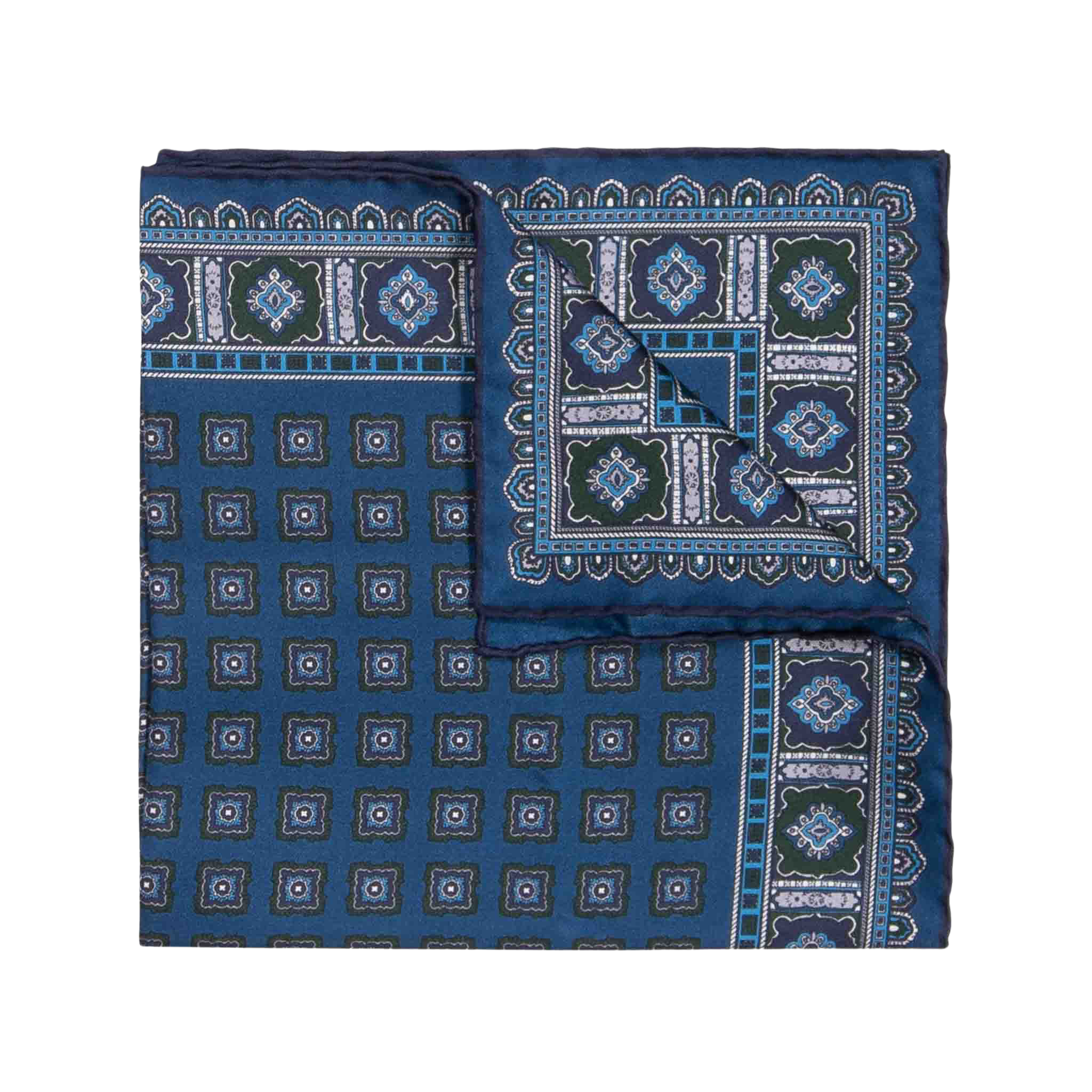 The Salt Primitivo Silk Pocket Square by Sera Fine Silk features intricate geometric patterns in shades of blue, green, and white, crafted from fine Como silk.