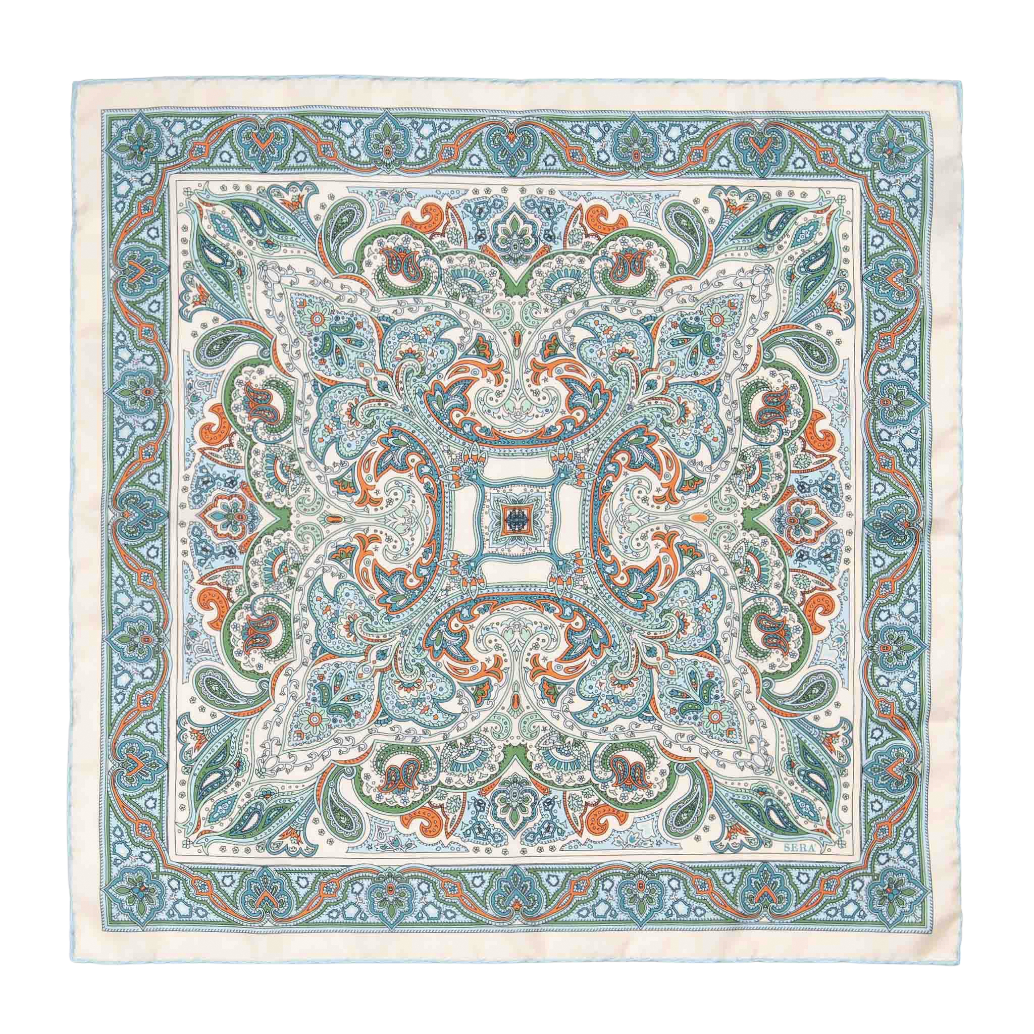 The Vernazza Cream Silk Pocket Square by Sera Fine Silk is a luxurious square piece of fabric adorned with an intricate pattern featuring blue, green, and orange paisley designs on a white background. Made from Como silk, this pocket square features hand-rolled edges for a refined finish.