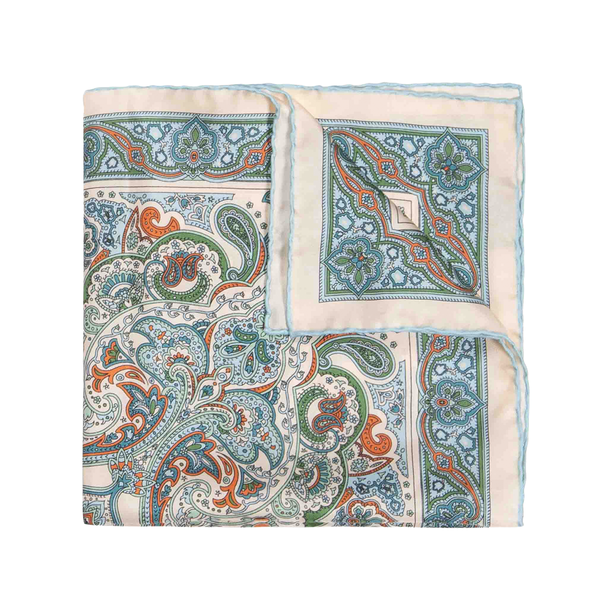 The Vernazza Cream Silk Pocket Square by Sera Fine Silk is expertly folded and showcases an intricate paisley design in shades of blue, green, and orange on an ivory background, complete with hand-rolled edges.