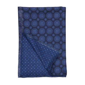 A Navy Blue Geometric Wool Silk Double Sided Scarf by Silvio Fiorello with a polka dot pattern.