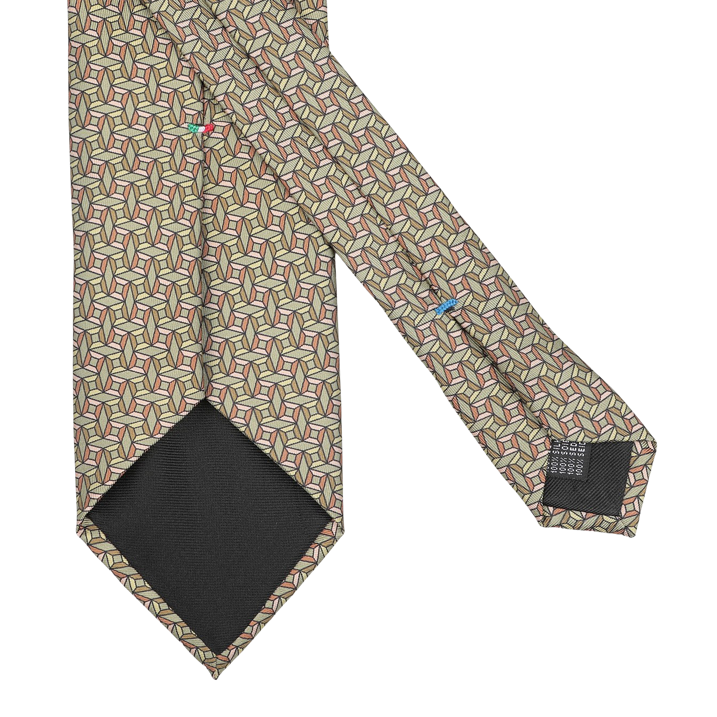 The Stefano Cau Asparagus Green Geometrical Printed Silk Lined Tie, crafted from Italian Como silk, showcases a stunning array of red, beige, and asparagus green shapes. Displayed on a white background, the tie is laid flat to elegantly highlight its tip and inner lining.