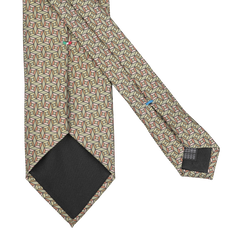 The Stefano Cau Asparagus Green Geometrical Printed Silk Lined Tie, crafted from Italian Como silk, showcases a stunning array of red, beige, and asparagus green shapes. Displayed on a white background, the tie is laid flat to elegantly highlight its tip and inner lining.