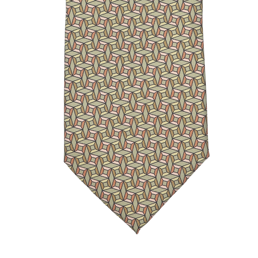 Close-up of the Asparagus Green Geometrical Printed Silk Lined Tie by Stefano Cau, featuring a pattern of interlocking cubes crafted from luxurious Italian Como silk in beige, red, and grey tones.