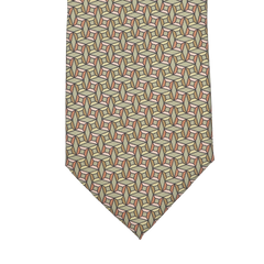 Close-up of the Asparagus Green Geometrical Printed Silk Lined Tie by Stefano Cau, featuring a pattern of interlocking cubes crafted from luxurious Italian Como silk in beige, red, and grey tones.