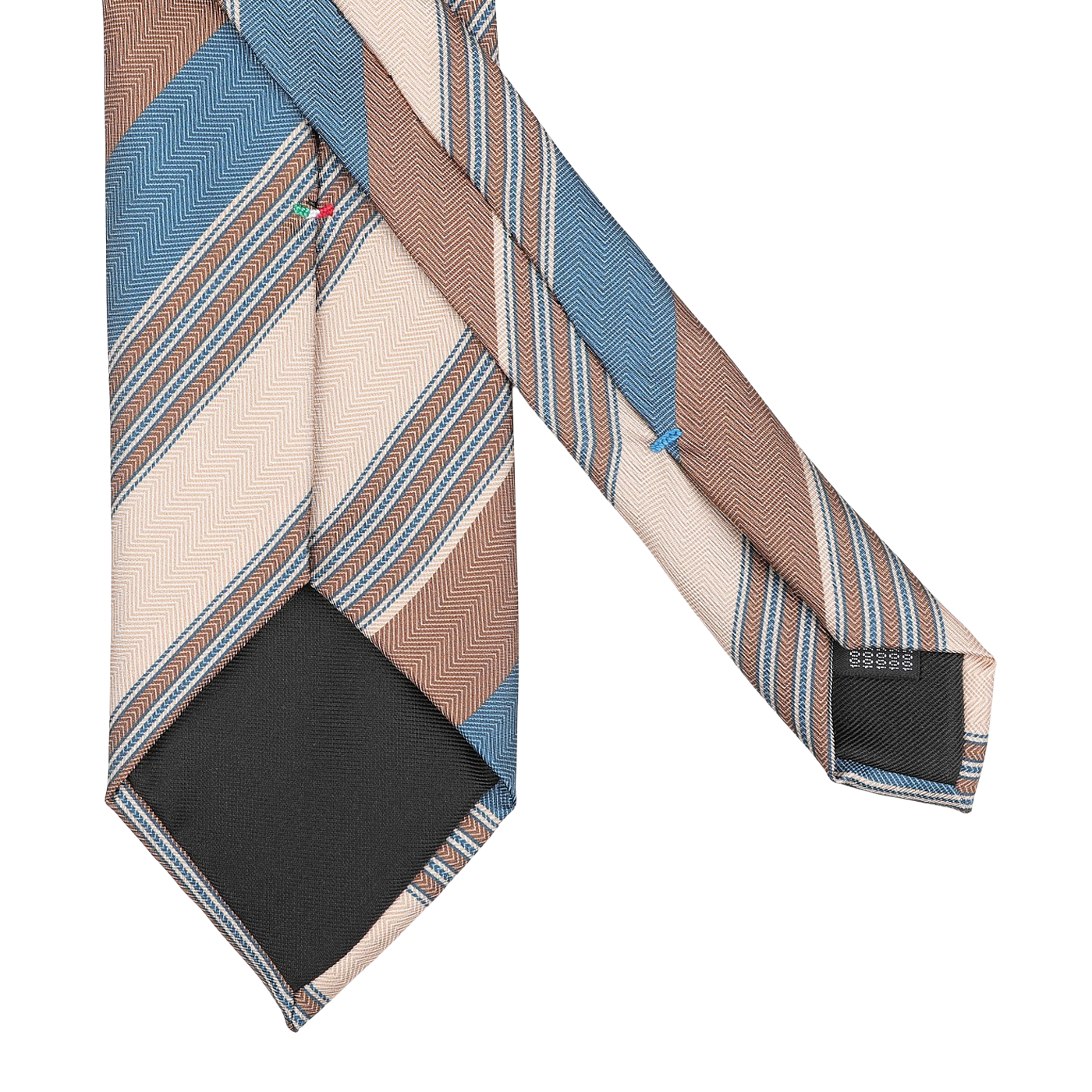 Close-up of a Stefano Cau Beige Herringbone Striped Silk Lined Tie, expertly crafted from Italian Como silk. The tie features shades of blue, brown, and cream with a visible black lining on the back.