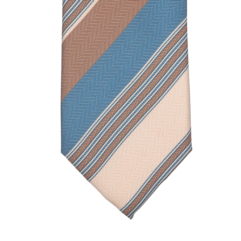 The Beige Herringbone Striped Silk Lined Tie by Stefano Cau features diagonal stripes in shades of brown, blue, and cream, crafted from luxurious Italian Como silk.