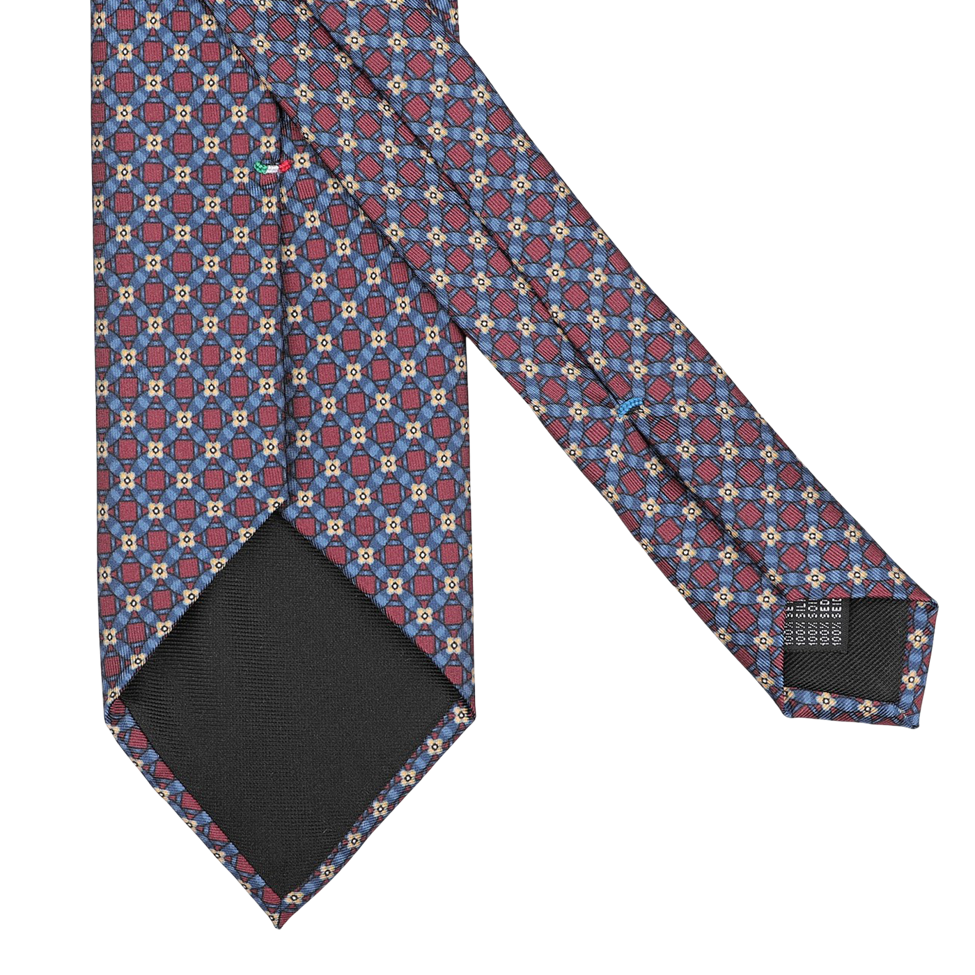 Crafted from luxurious Italian Como silk, the Blue Burgundy Flower Printed Silk Lined Tie by Stefano Cau boasts an eye-catching geometric design, elegantly displayed on a pristine white surface.