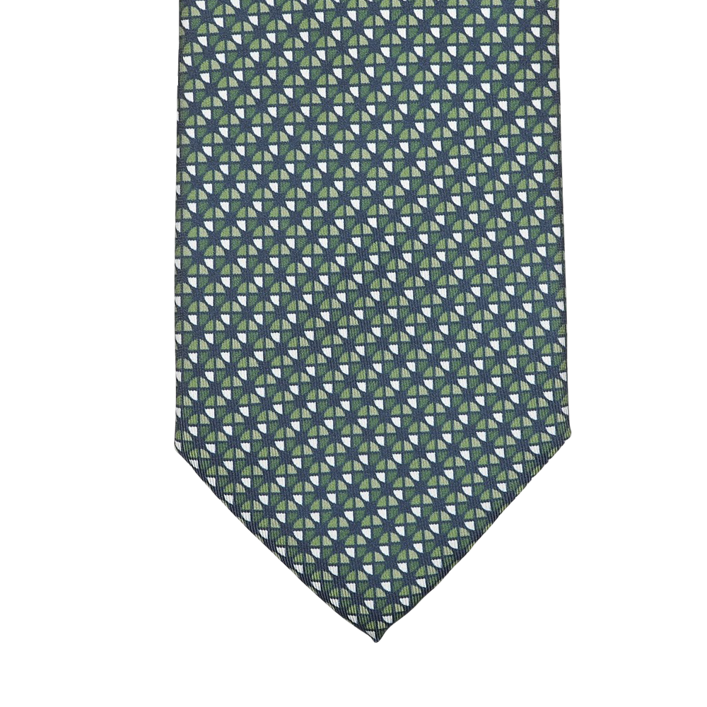 Close-up of Stefano Cau's sophisticated Bottle Green Geometrical Printed Silk Lined Tie, exquisitely crafted from luxurious Italian Como silk with green and blue pinwheels set against a dark background.