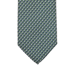 Close-up of Stefano Cau's sophisticated Bottle Green Geometrical Printed Silk Lined Tie, exquisitely crafted from luxurious Italian Como silk with green and blue pinwheels set against a dark background.