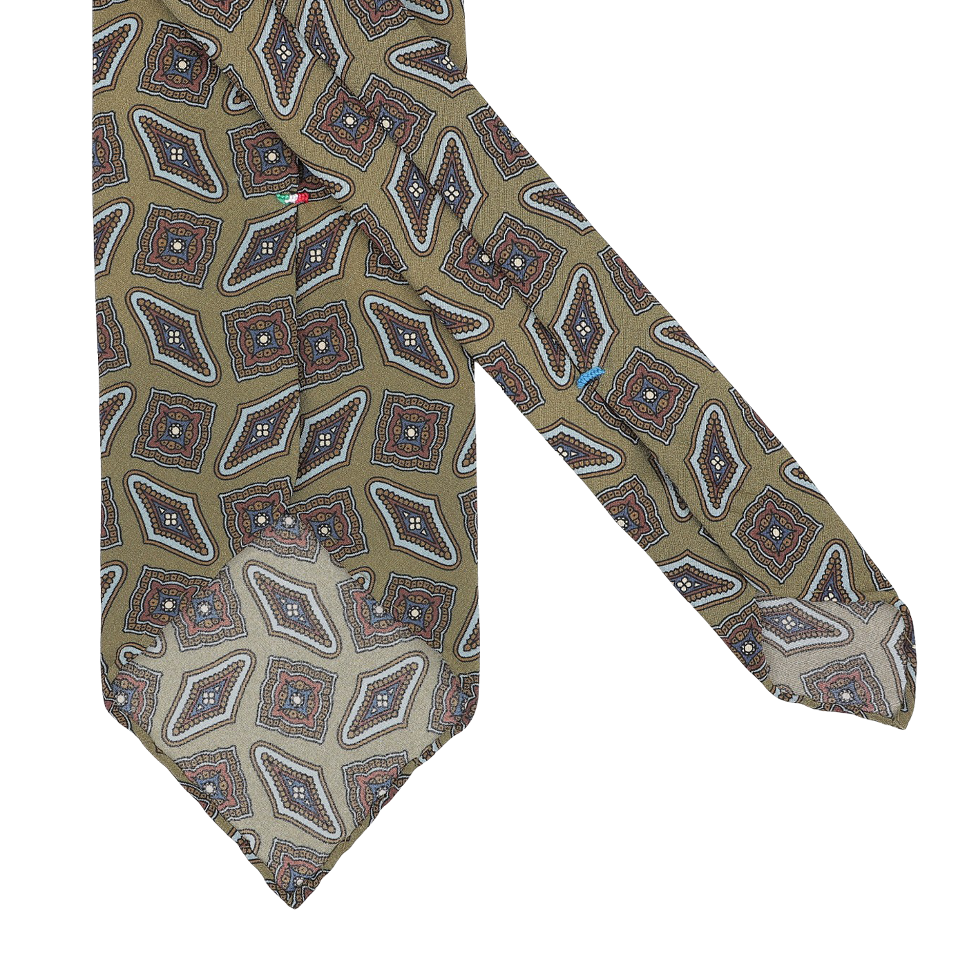 The Cactus Green Kilim Printed Silk Unlined Tie by Stefano Cau features a geometric design in brown, white, and red on a light olive background, crafted from luxurious Italian Como silk.