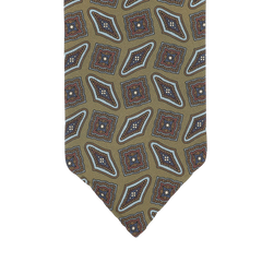 Close-up of a Stefano Cau Cactus Green Kilim Printed Silk Unlined Tie, featuring an Italian Como silk design with an olive green background and a geometric pattern in red, blue, and white.