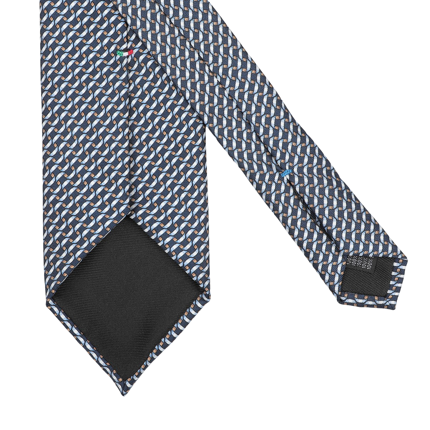 The "Dark Blue Chain Printed Silk Lined Tie" by Stefano Cau, featuring a blue and gray geometric pattern, crafted from premium Italian Como silk, is laid flat on a light background.