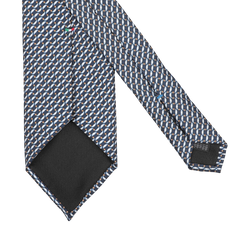 The "Dark Blue Chain Printed Silk Lined Tie" by Stefano Cau, featuring a blue and gray geometric pattern, crafted from premium Italian Como silk, is laid flat on a light background.