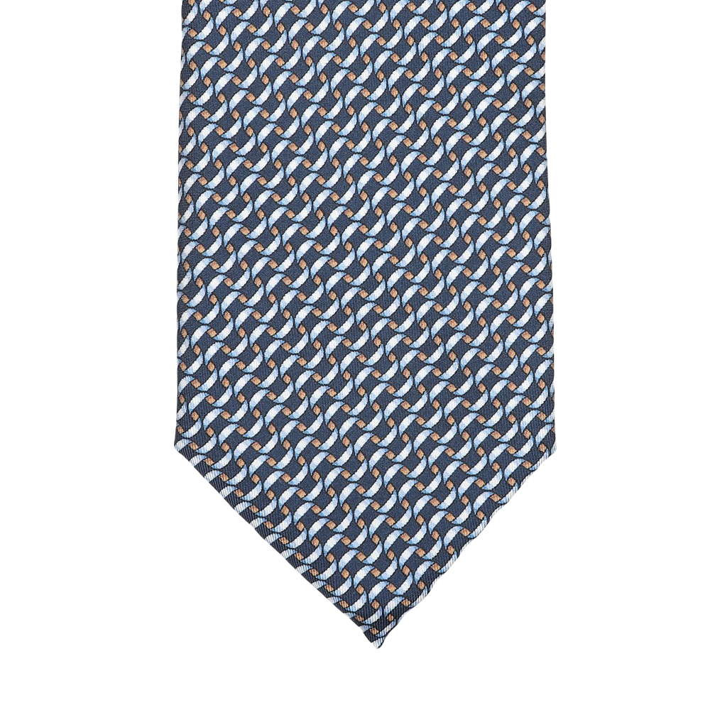 A Dark Blue Chain Printed Silk Lined Tie by Stefano Cau, crafted from luxurious Italian Como silk, showcasing a geometric pattern of intertwined links in white, brown, and light blue.