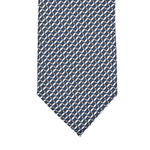 A Dark Blue Chain Printed Silk Lined Tie by Stefano Cau, crafted from luxurious Italian Como silk, showcasing a geometric pattern of intertwined links in white, brown, and light blue.