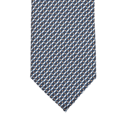 A Dark Blue Chain Printed Silk Lined Tie by Stefano Cau, crafted from luxurious Italian Como silk, showcasing a geometric pattern of intertwined links in white, brown, and light blue.