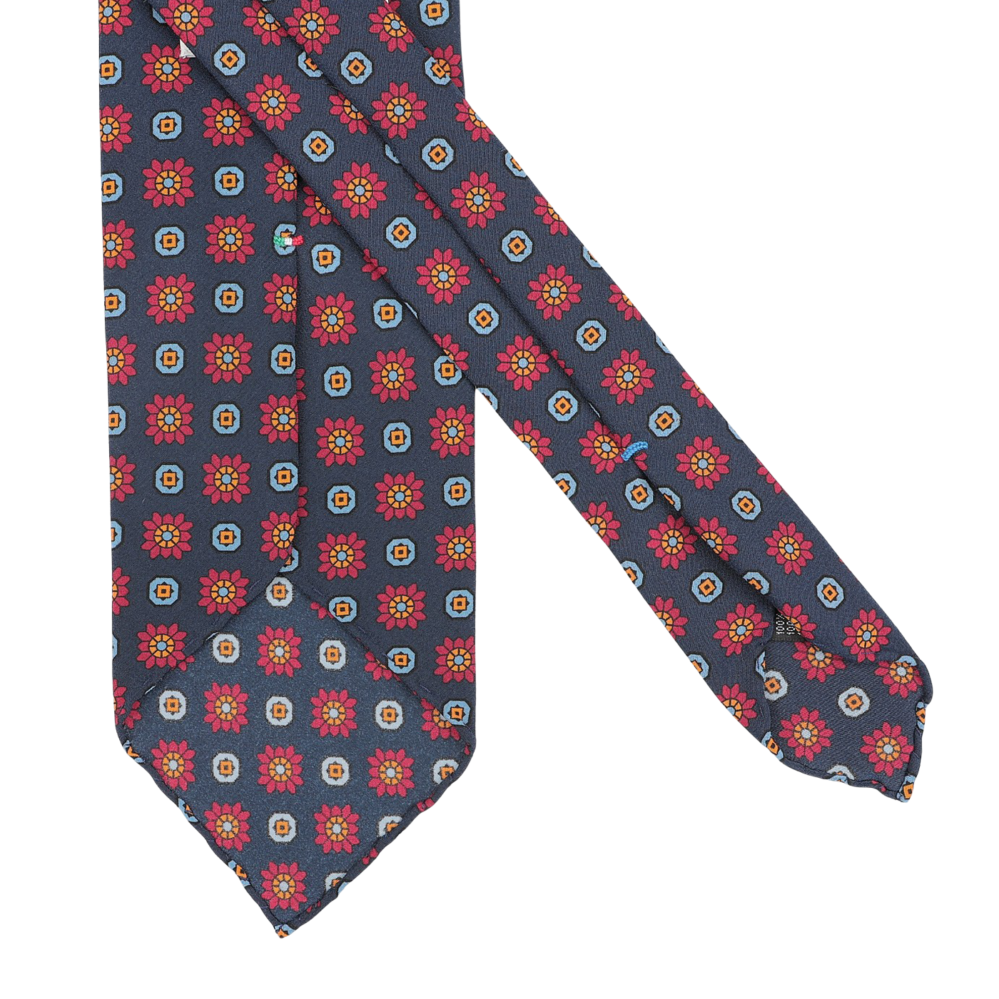 Introducing the Stefano Cau Dark Blue Flower Printed Silk Unlined Tie, meticulously crafted from luxurious Italian silk and adorned with a delightful pattern of red and yellow flowers complemented by small square motifs.